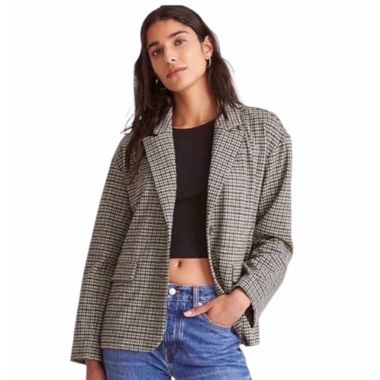 Madewell Larsen Blazer Women Xs Green Houndstooth Plaid Oversized Wool Blend